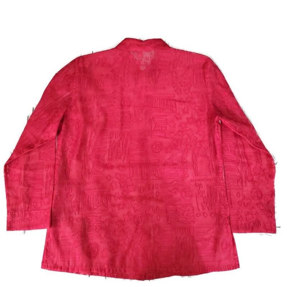 Chico's Women's Pink Linen-Blend Burnout Long Sleeve Button Front Blouse Size 2 - Picture 3 of 10